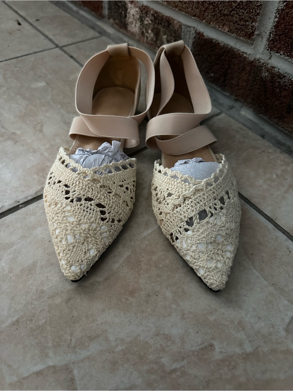 SHEIN Cream Crochet Pointed-Toe Ankle Strap Flats